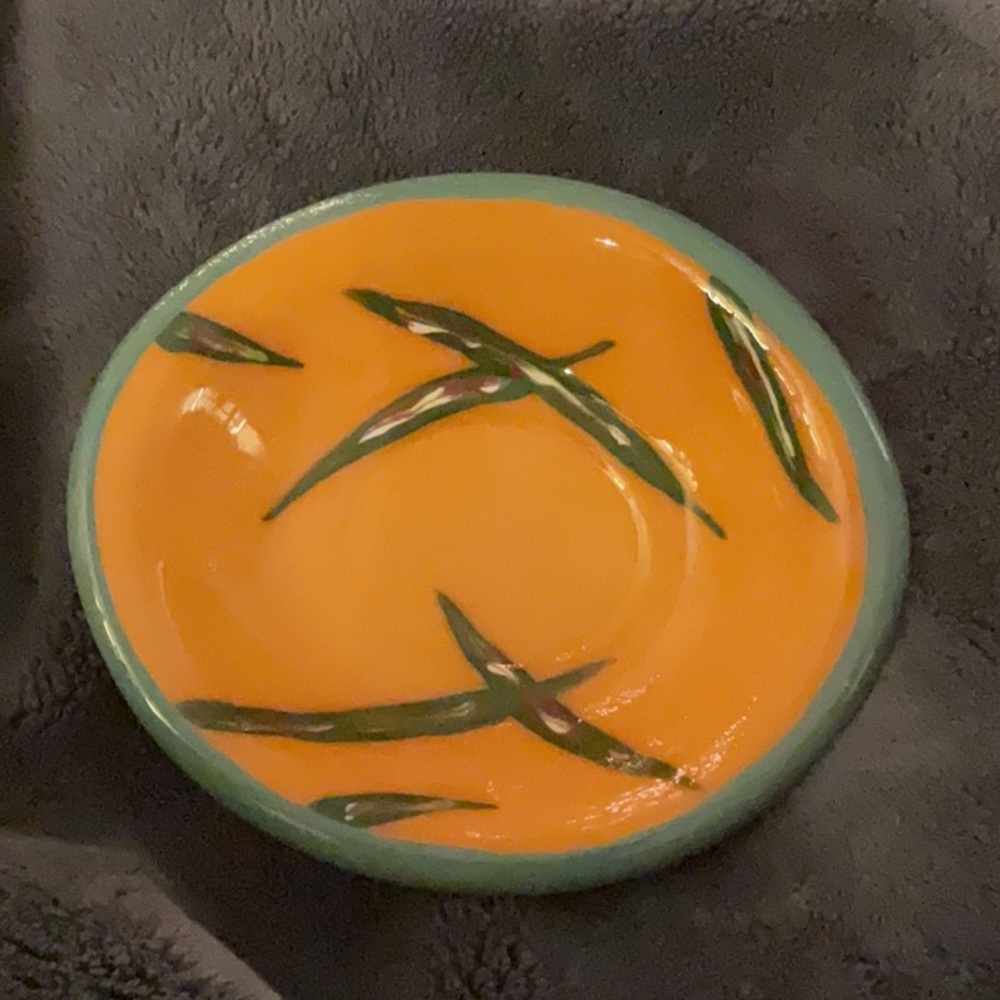 VTG Droll Designs hand-painted orange Green Beans oval bowl